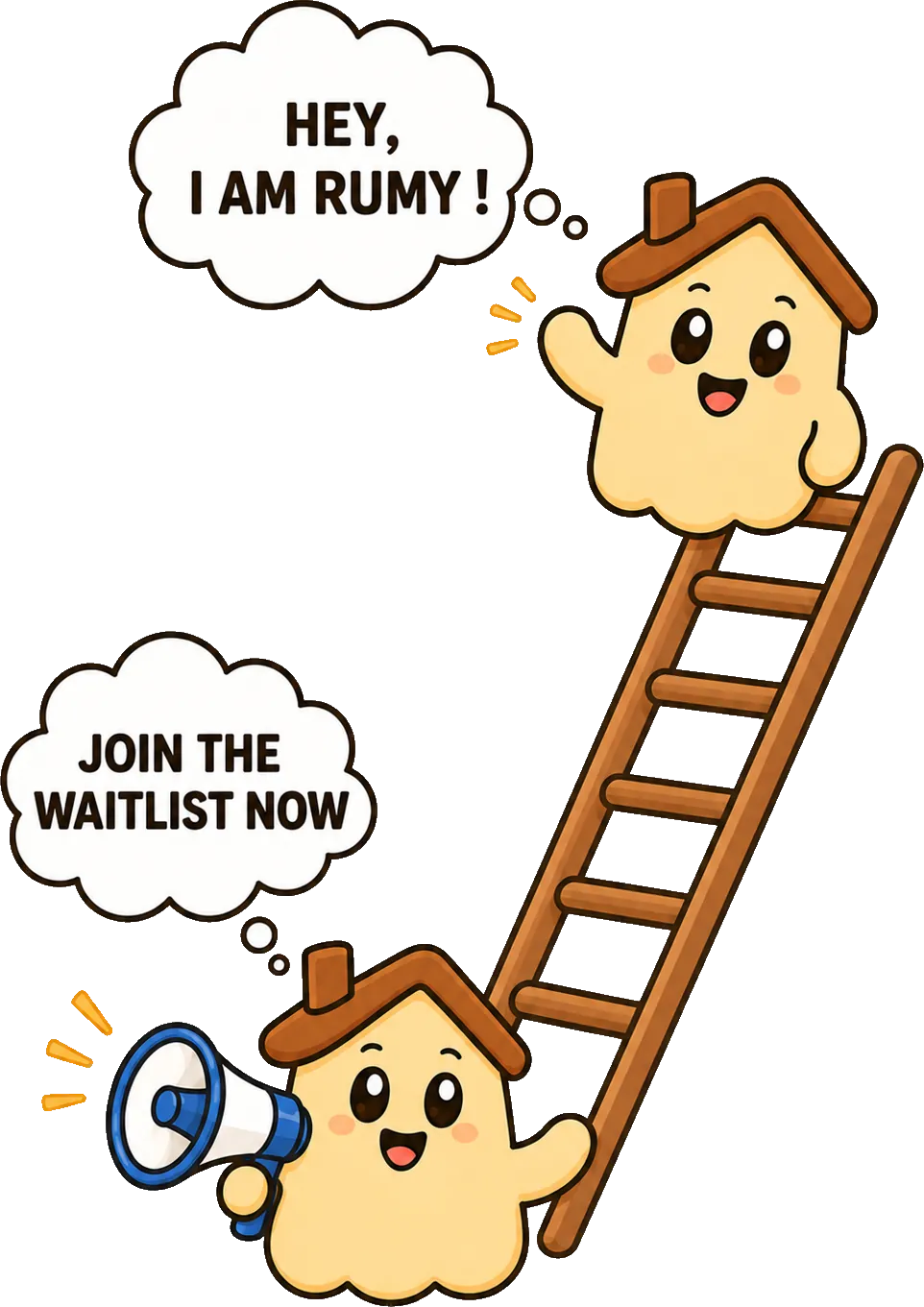 Rumy, the AI roommate app mascot, climbing a ladder to help around a shared apartment